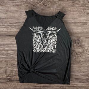 Black Sleeveless Cutoff Top with Bull Skull Design **‎ DYI CUTOFF **